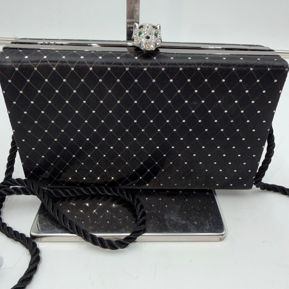 Handbags - Kenneth J Lane Sparkling Black Clutch Evening Bag Rhinestone Panther Clasp